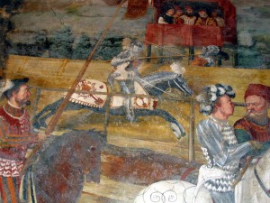 Il Romanino, Cristiano I di Danimarca assiste ad un torneo assieme a Bartolomeo Colleoni (1467). Dettaglio. Affresco del Castello di Malpaga, già di Bartolomeo Colleoni. Foto di Giorces